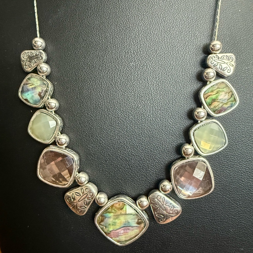 Silver and Green Gemstone Necklace with Organic Design - Picture 1 of 14